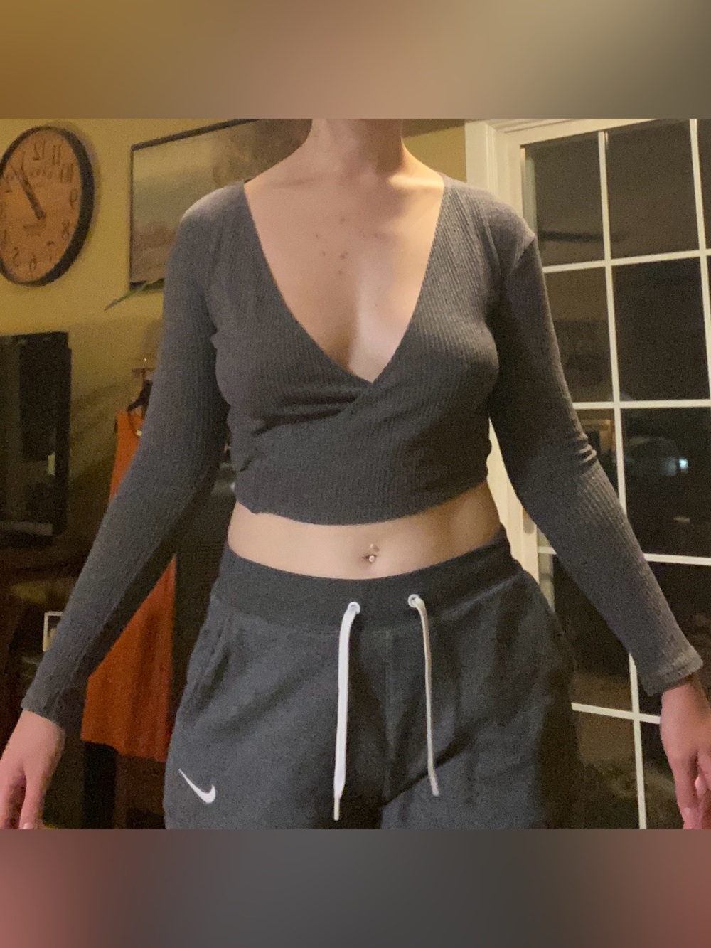 Out From Under gray ribbed crop top wrap top long sleeve